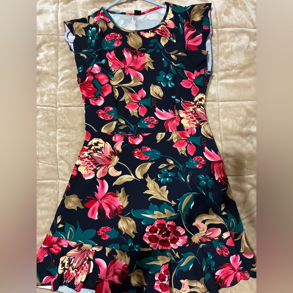 SHEIN Strapless Floral Dress in Navy, Pink & Teal